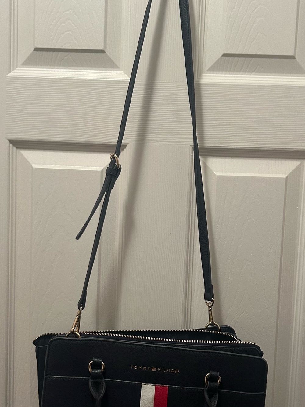 Tommy Hilfiger Navy Saffiano Striped Satchel Crossbody Bag - Picture 5 of 7